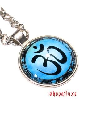 Blue Ohm Symbol Pendant With Handwoven Necklace -